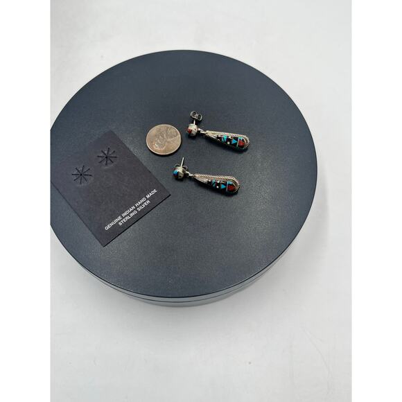 Vintage Zuni Sterling  Multi-Stone Inlay Dangle Earrings Turquoise Coral New - Picture 4 of 10